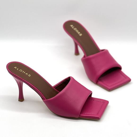 ALOHAS Puffy Sandals Womens 40 Pink Leather Mule Heels Square Toe Slip On NEW